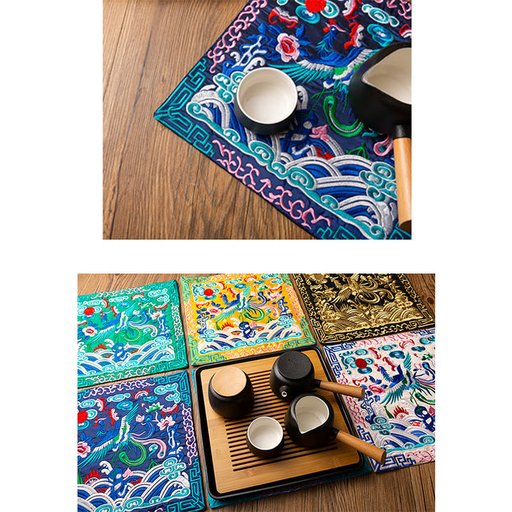 Buddha Stones Phoenix Dragon Kirin Embroidery Cup Mat Pad Tea Cup Coaster Kung Fu Tea Mat