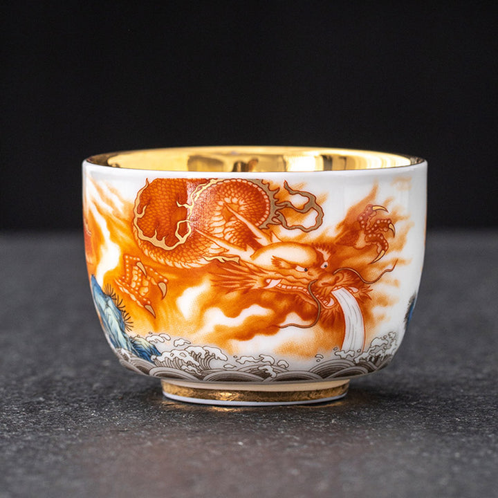 Buddha Stones Dragon Phoenix Crane Sun Ocean Waves Gilt Ceramic Teacup Kung Fu Tea Cup 170ml