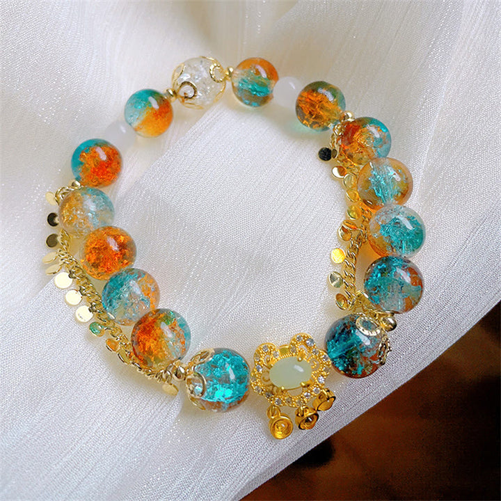 Buddha Stones Colorful Liuli Glass Bead Chinese Lock Charm Fortune Bracelet