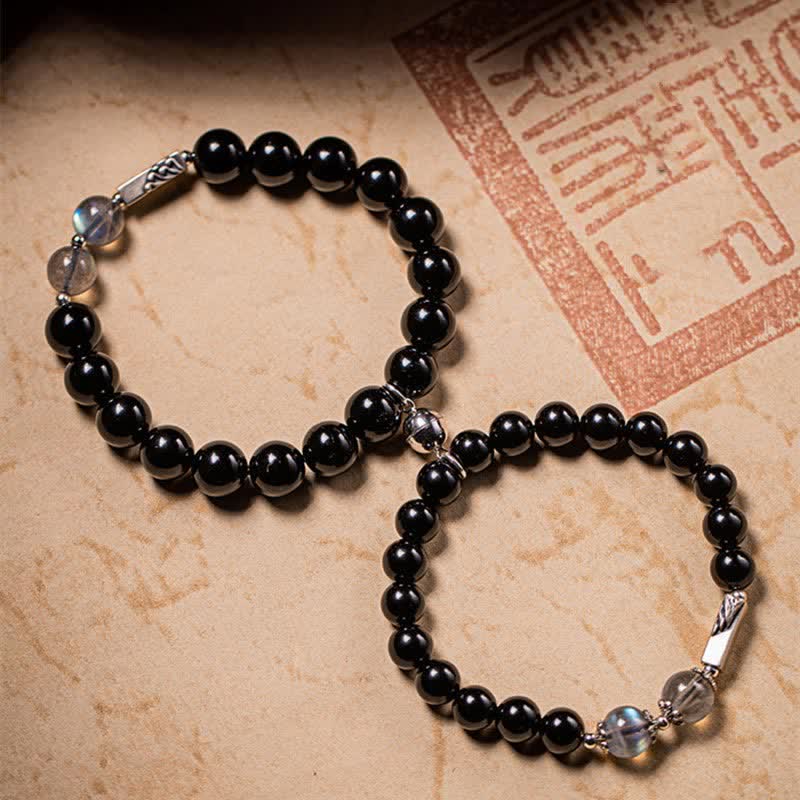 925 Sterling Silver Obsidian Moonstone Strength Couple Bracelet