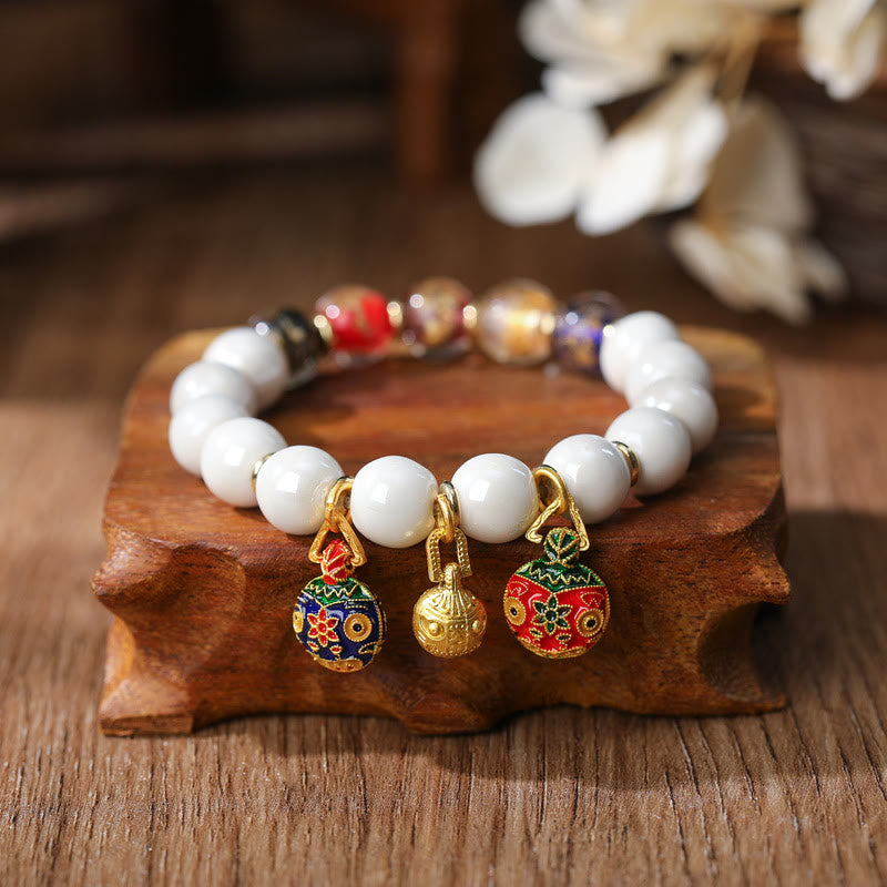 Buddha Stones Gold Swallowing Beast Family Charm Liuli Glass Colorful Porcelain Bead Luck Bracelet