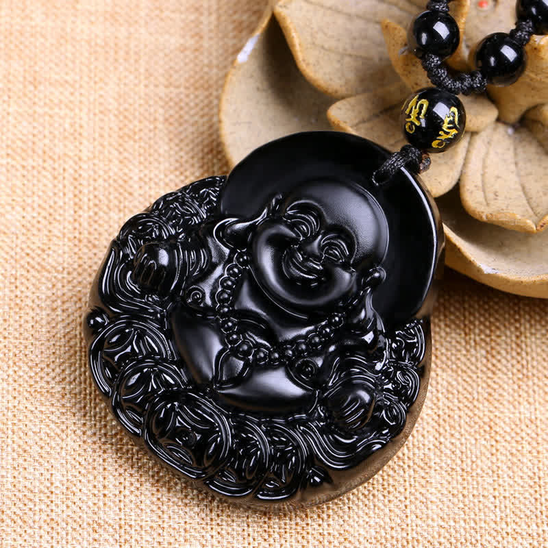 Buddha Stones Laughing Buddha Black Obsidian Strength Protection Pendant Necklace