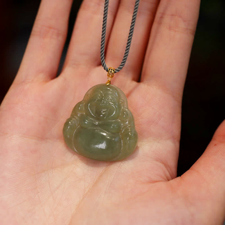 18K Gold Laughing Buddha Jade Abundance Necklace String Pendant