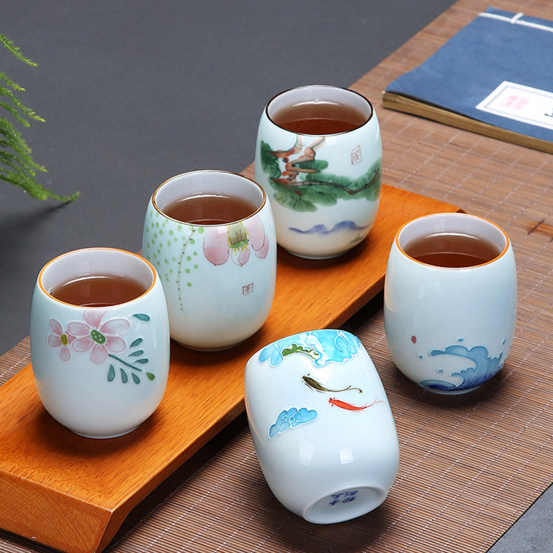 Buddha Stones Koi Fish Lotus Landscape Dandelion Peony Flower Ceramic Teacup Kung Fu Tea Cup