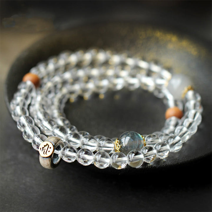 Buddha Stones 925 Sterling Silver Chinese Zodiac Natal Buddha White Crystal Meditation Triple Wrap Bracelet