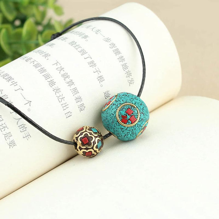 Buddha Stones Tibetan Turquoise Double Bead Protection Strength Necklace Pendant