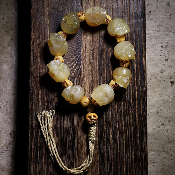 Buddha Stones Handmade Tibetan Sheep Horn Skull The Lord of the Corpse Forest Yak Bone Engraved Luck Bracelet