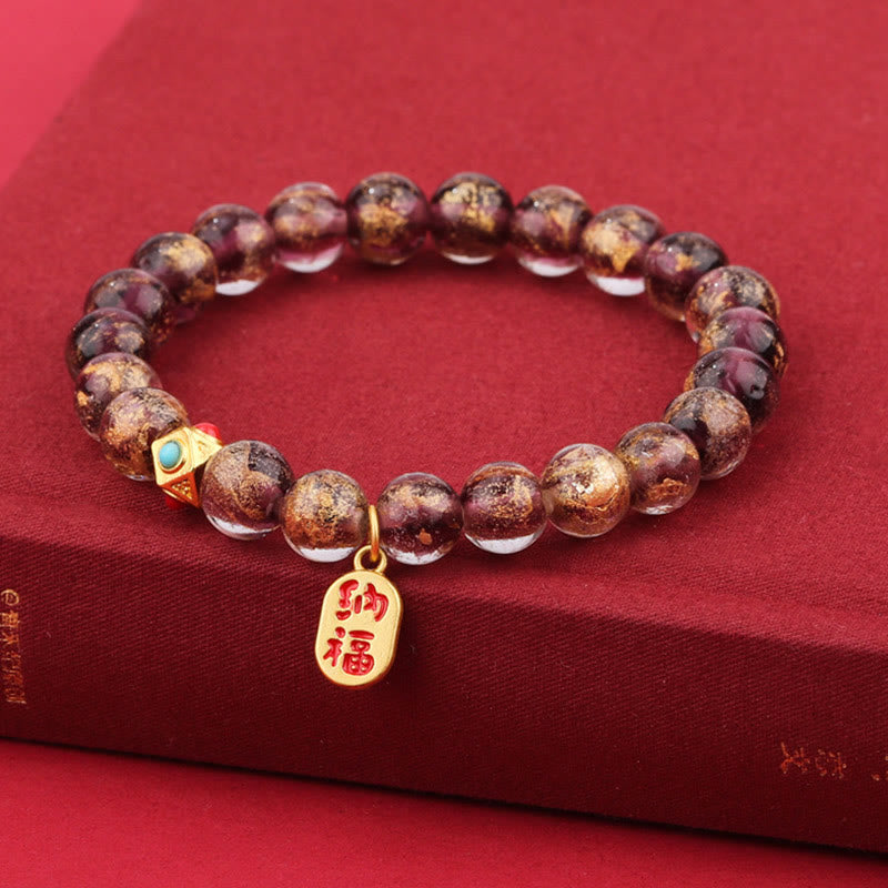 Buddha Stones Tibetan Incense Ash Liuli Glass Bead Lucky Fortune Fu Character Charm Bracelet