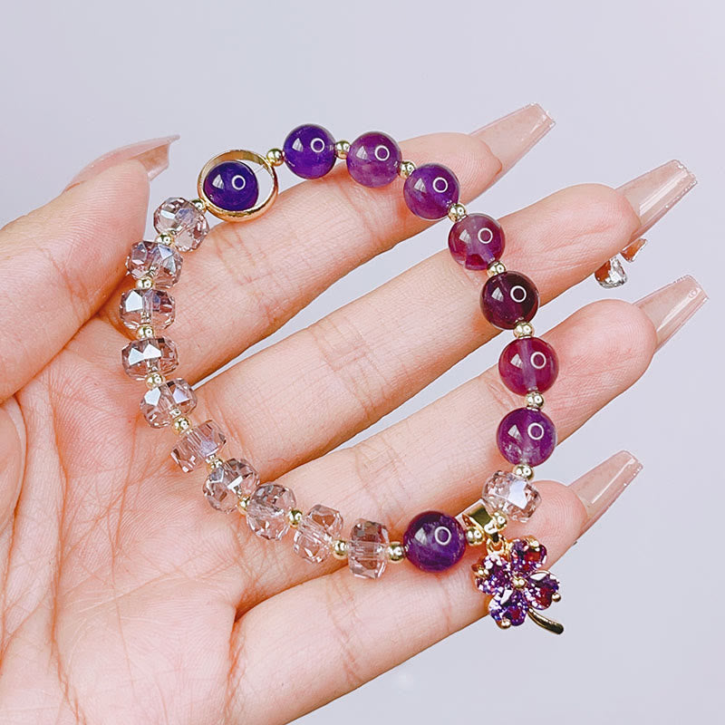 Buddha Stones Amethyst Crystal Four Leaf Clover Healing Charm Bracelet