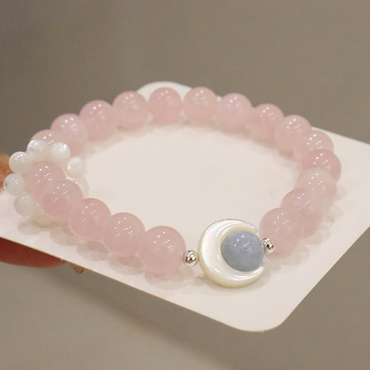 Buddha Stones 925 Sterling Silver Natural Amethyst Aquamarine Pink Crystal Cat's Eye Healing Crescent Moon Bracelet