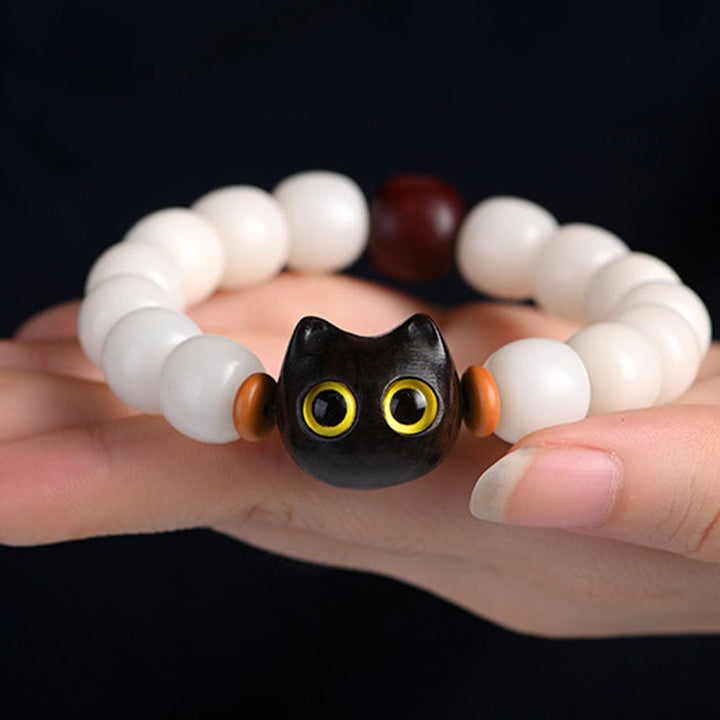 Buddha Stones Natural Bodhi Seed Small Leaf Red Sandalwood Ebony Wood Cute Lucky Cat Wisdom Bracelet