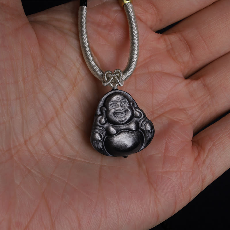 Buddha Stones Natural Silver Sheen Obsidian Laughing Buddha Protection Necklace Pendant