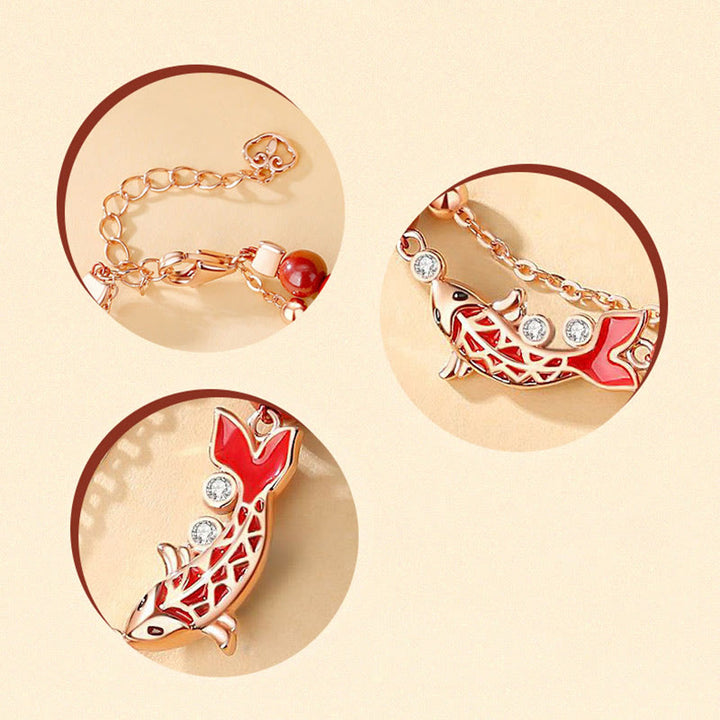 Buddha Stones 925 Sterling Silver Lucky Koi Fish Cinnabar Zircon Prosperity Double Layer Chain Bracelet