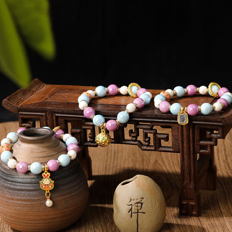 Buddha Stones Tibetan Zakiram Goddess of Wealth Rabbit Lion Head Charm Liuli Glass Incense Ash Porcelain Bead Protection Bracelet