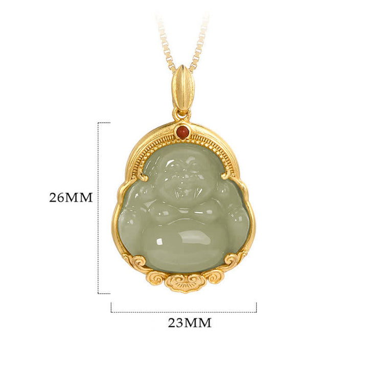 925 Sterling Silver Laughing Buddha Natural Hetian Jade Luck Prosperity Necklace Pendant