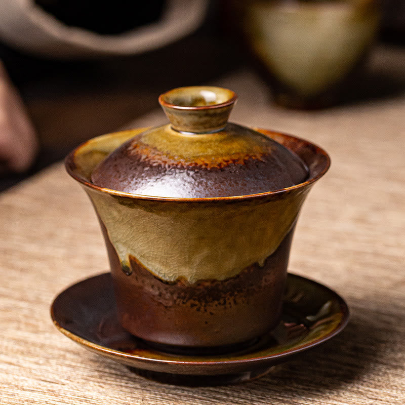 Buddha Stones Vintage Brown Kiln Change Design Porcelain Ceramic Gaiwan Sancai Teacup Kung Fu Tea Cup And Saucer With Lid