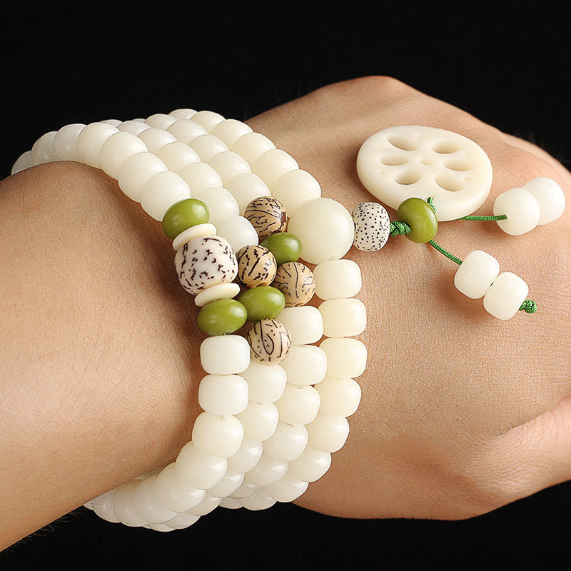 White Bodhi Seed Mala 108 Beads Luck Bracelet