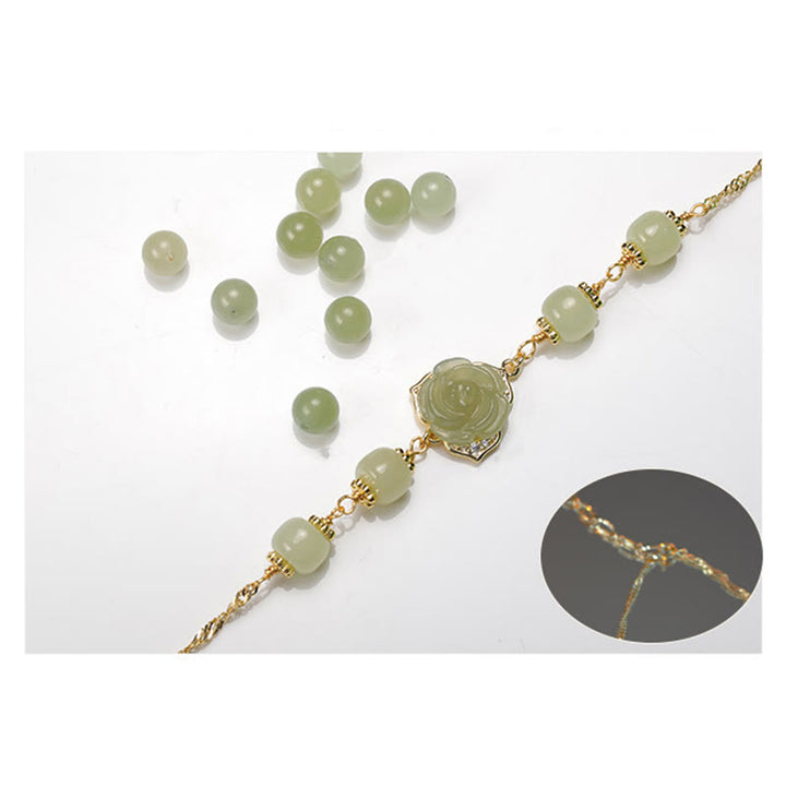 Buddha Stones 14K Gold Plated Hetian Jade Rose Flower Luck Chain Bracelet