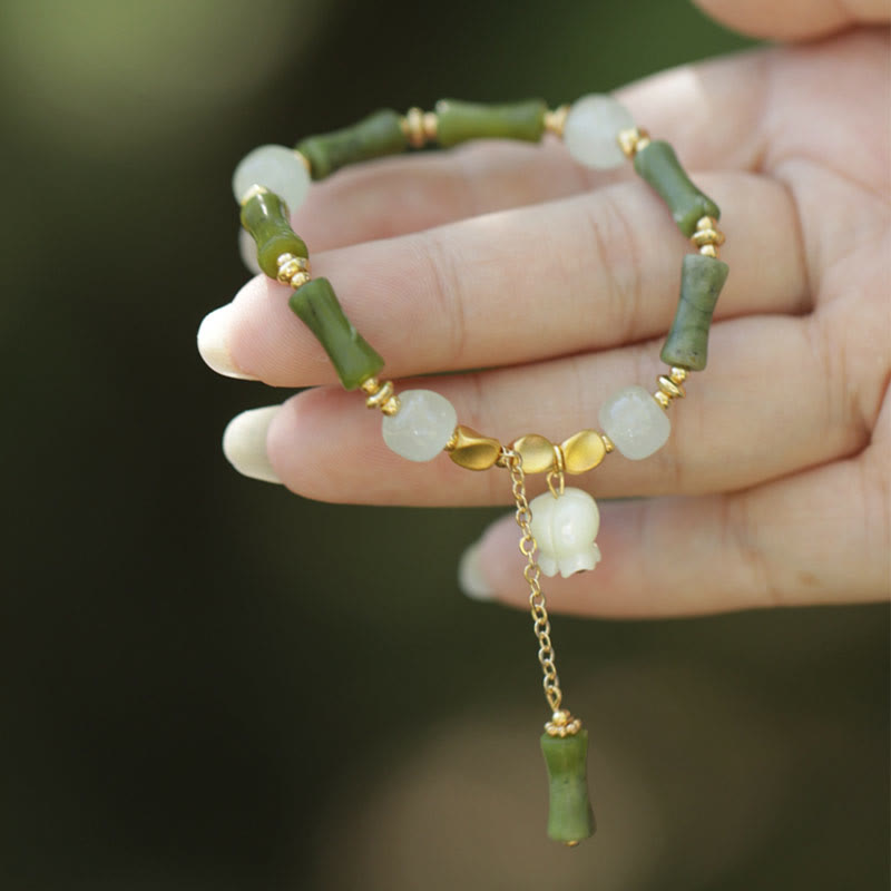 Buddha Stones Green Bamboo Jade Lily of the Valley Wealth Bracelet