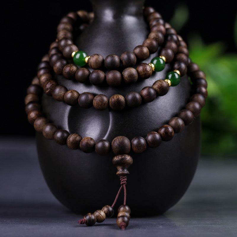 Buddha Stones 108 Mala Beads Indonesia Tarakan Rare Agarwood Cyan Jade Ward Off Evil Spirits Bracelet