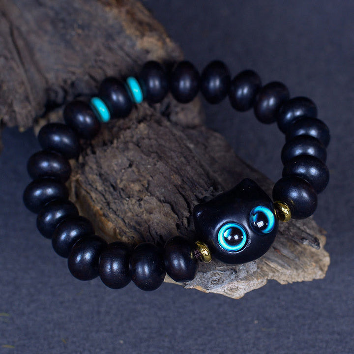 Buddha Stones Ebony Wood Liuli Glass Lovely Cat Peace Balance Bracelet