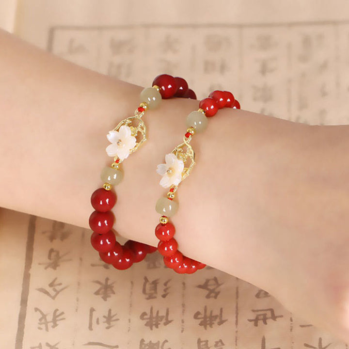 Buddha Stones Natural Cinnabar Jade Beaded Tridacna Stone Flower Blessing Bracelet