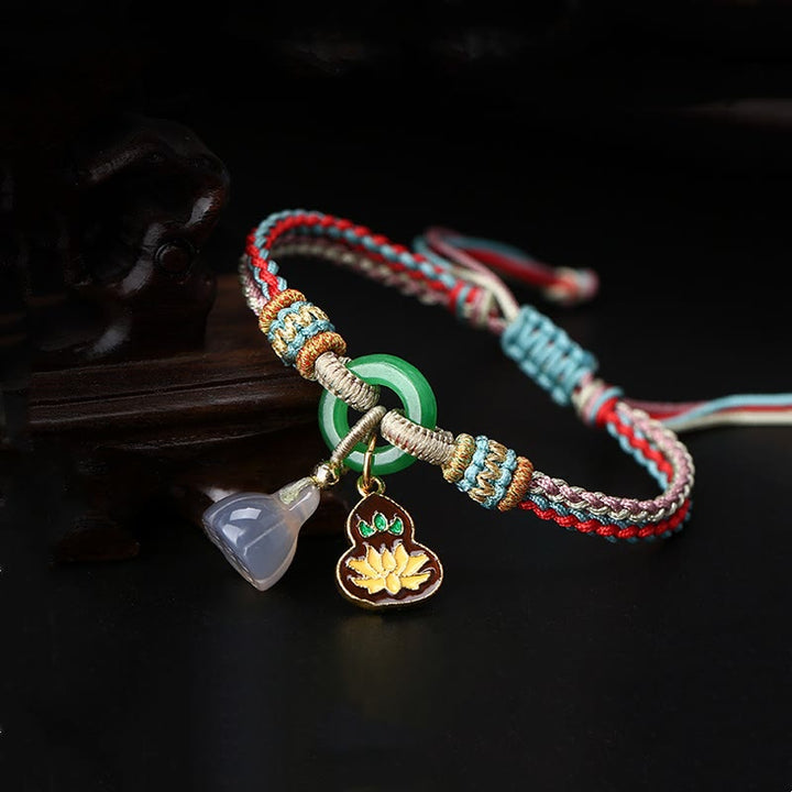 Buddha Stones Colorful Rope Chalcedony Lotus Jade Peace Buckle Harmony Gourd Charm Bracelet