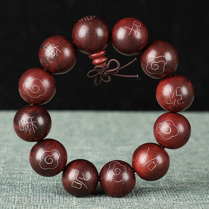 Buddha Stones 925 Sterling Silver Inlaid Small Leaf Red Sandalwood Om Mani Padme Hum Character Auspicious Clouds Protection Bracelet