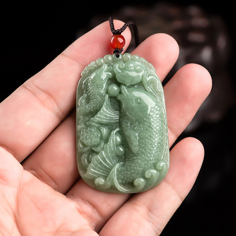 Buddha Stones Natural Jade Koi Fish Lotus Wealth Prosperity Necklace Pendant