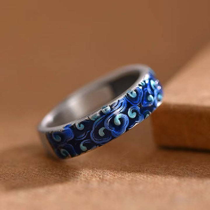 Buddha Stones Blue Auspicious Clouds Design Healing Copper Adjustable Ring