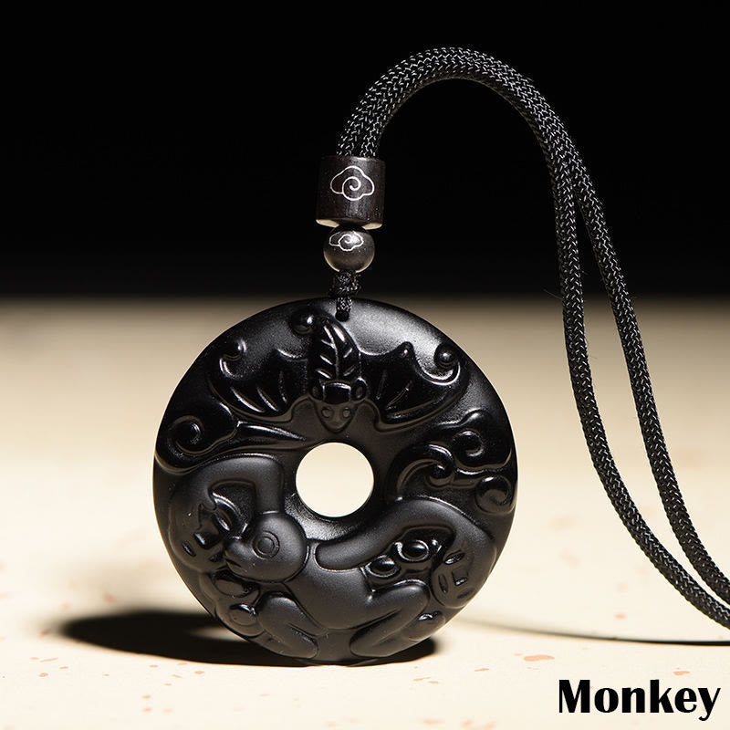 Buddha Stones Chinese Zodiac Natural Black Obsidian Peace Buckle Strength Necklace Pendant