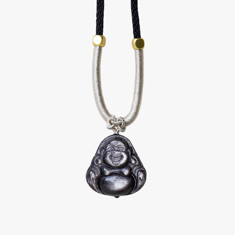 Buddha Stones Natural Silver Sheen Obsidian Laughing Buddha Protection Necklace Pendant