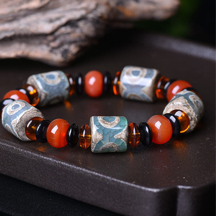 Buddha Stones Tibetan Three-eyed Dzi Bead Agate Protection Happiness Bracelet