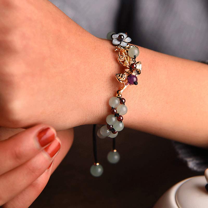 Buddha Stones Green Aventurine Garnet Bead Flower Petal Luck Bracelet