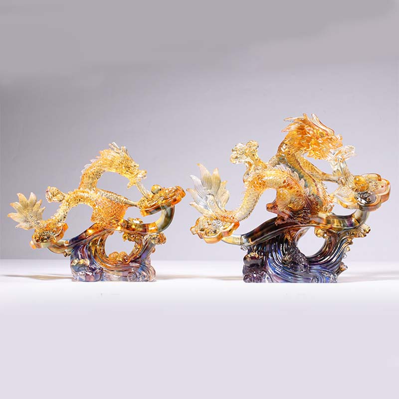 Buddha Stones Year of the Dragon Handmade Ruyi Handle Liuli Crystal Art Piece Protection Home Office Decoration