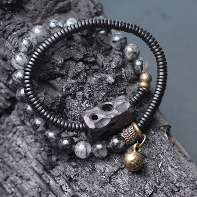 Buddha Stones Black Rutilated Quartz Ebony Wood Copper Wisdom Couple Bracelet