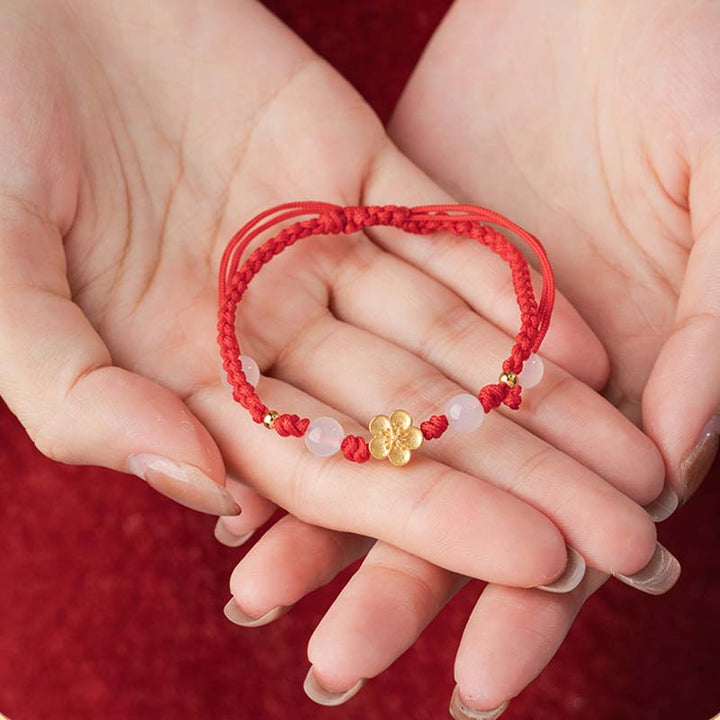 Buddha Stones Handmade 925 Sterling Silver Peach Blossom Cherry Sakura Chalcedony Bead Luck Red Rope Bracelet