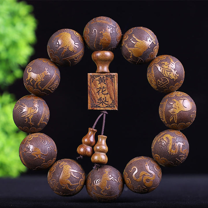 Buddha Stones Chinese Zodiac Rosewood Ebony Boxwood Copper Coin PiXiu Carved Warmth Bracelet