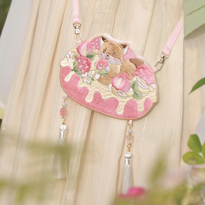 Buddha Stones Embroidery Lucky Panda Cat Shiba Inu Deer Rabbit Fox Flower Cute Animal Hanfu Bag Crossbody Bag Shoulder Bag