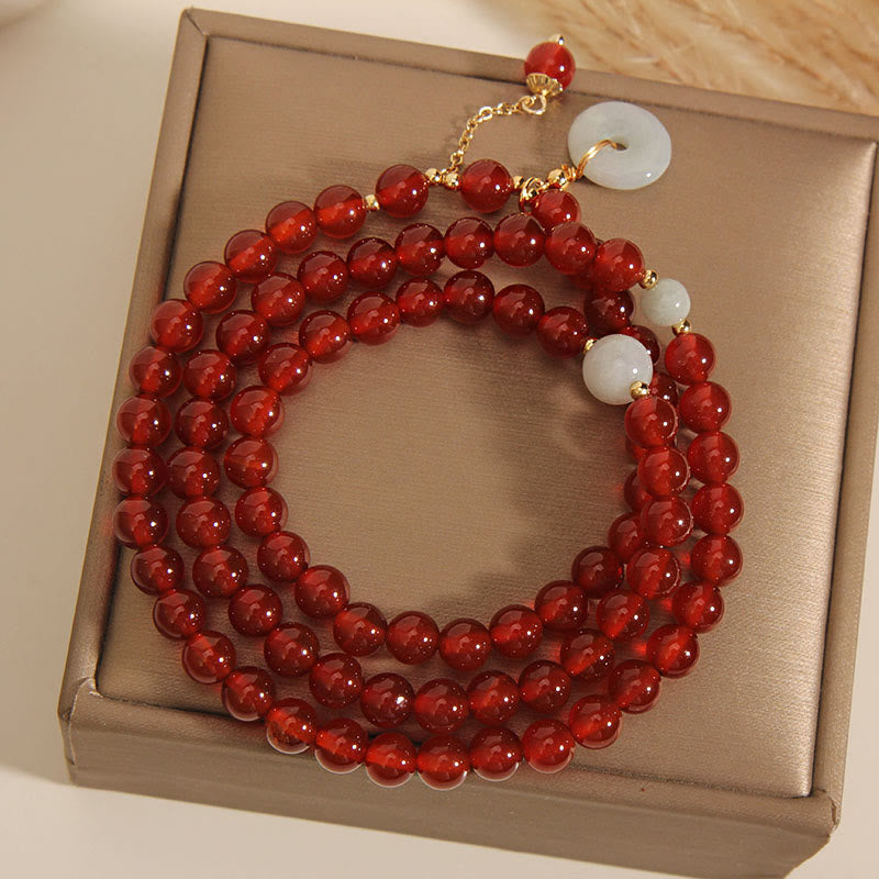 Buddha Stones Natural Red Agate Jade Peace Buckle Calm Triple Wrap Bracelet