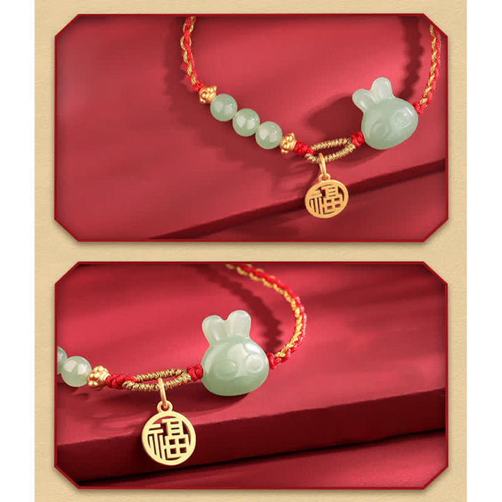 925 Sterling Silver Year of the Rabbit Hetian Jade Happiness Luck Red String Bracelet