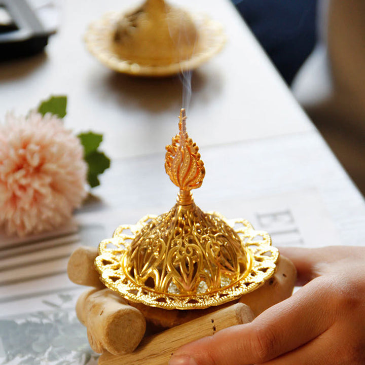 Gold Alloy Healing Mini Incense Burner With Wooden Coaster Home Decor