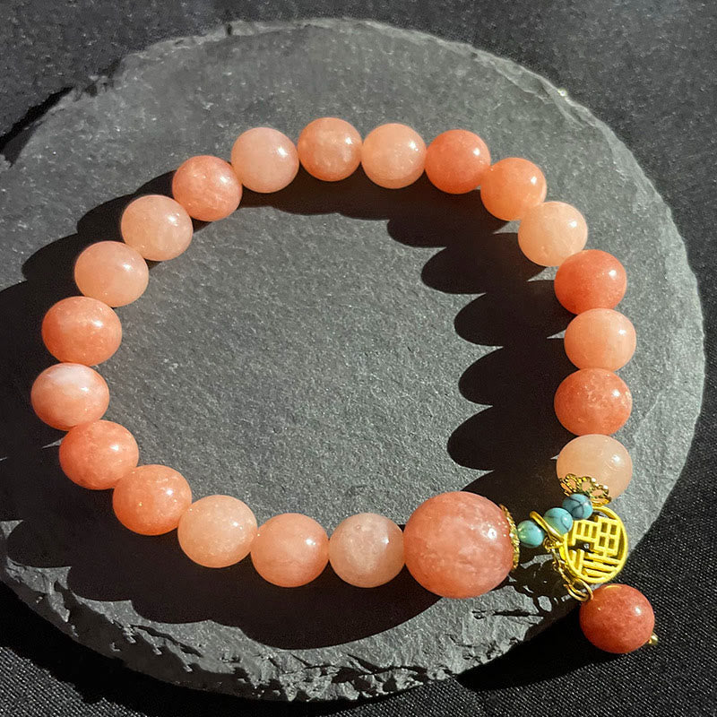 Buddha Stones Natural Orange Stone Turquoise Fu Character Charm Luck Fortune Bracelet