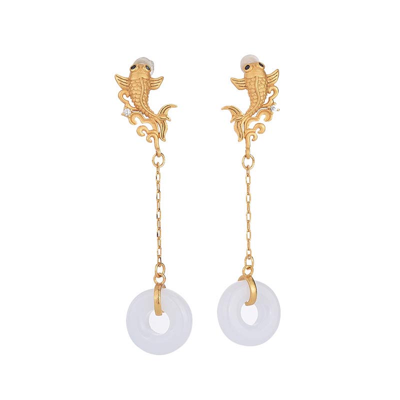 Buddha Stones FengShui Koi White Jade Fortune Earrings