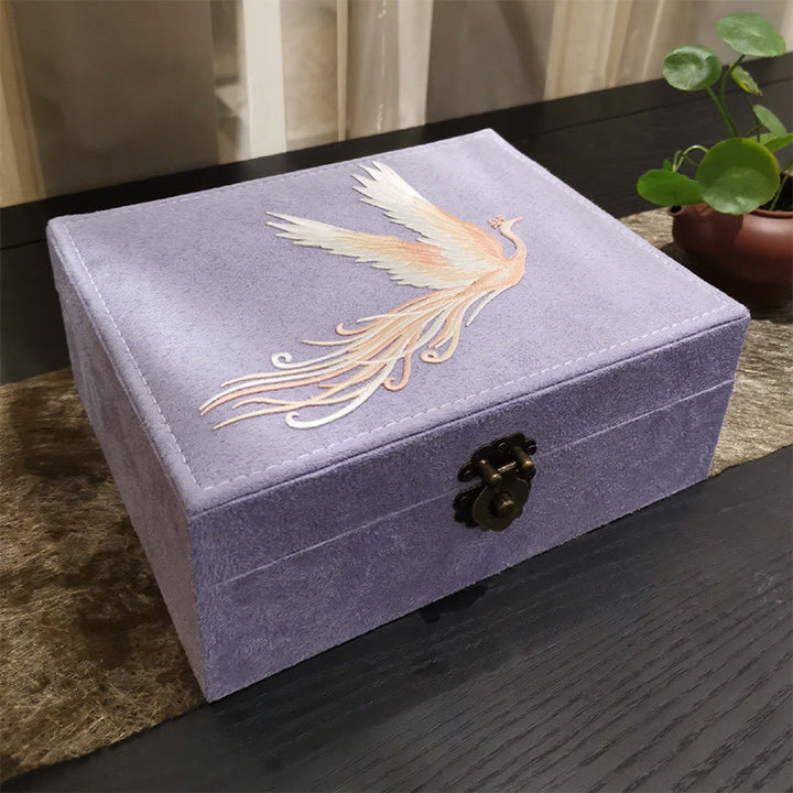 Buddha Stones Purple Phoenix Jewelry Box Organizer Two-Layer Jewelry Storage Box Flannel Box