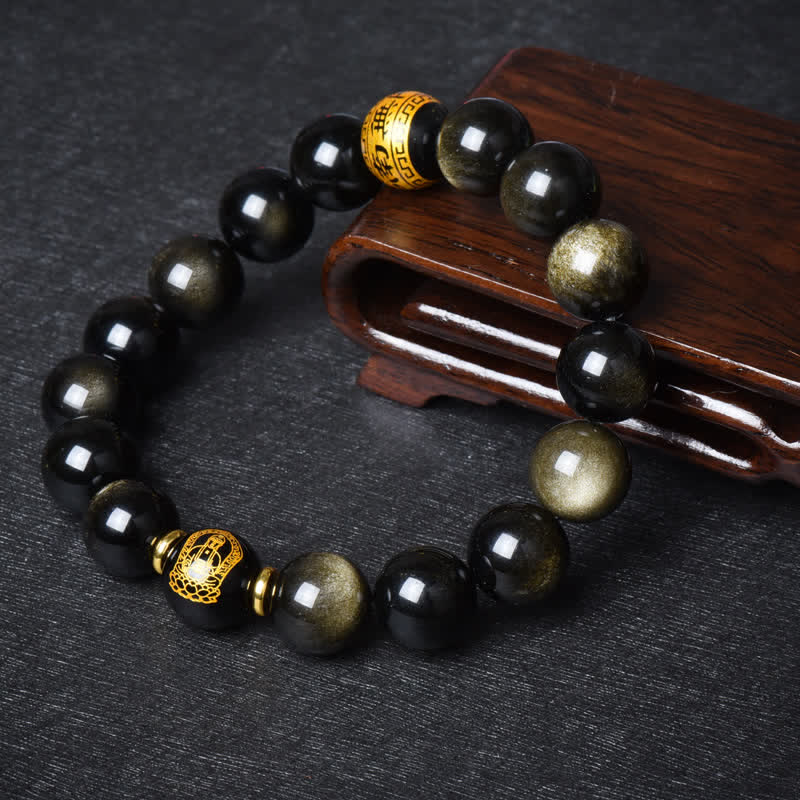 Chinese Zodiac Natal Buddha Gold Sheen Obsidian Wealth Protection Bracelet