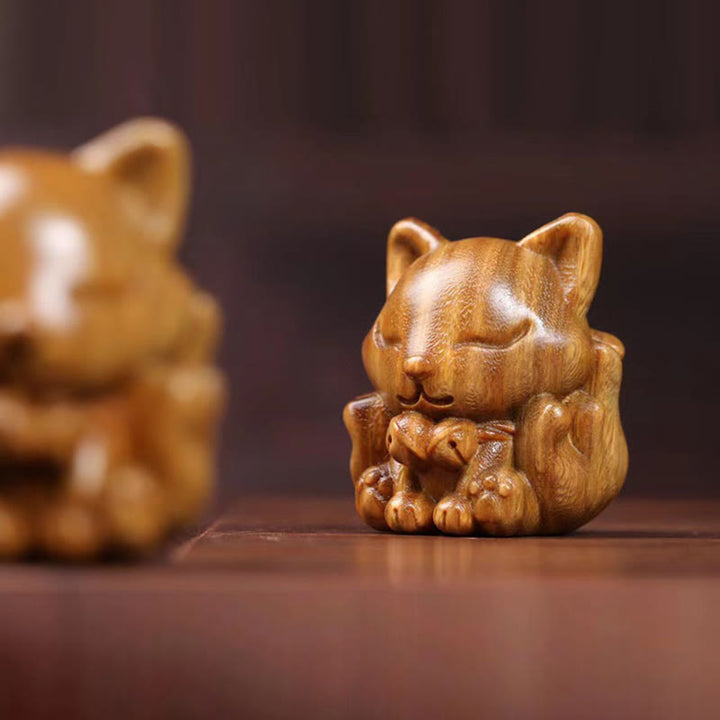 Buddha Stones Mini Nine-Tailed Fox Ivory Fruit Sandalwood Green Sandalwood Blessing Decoration