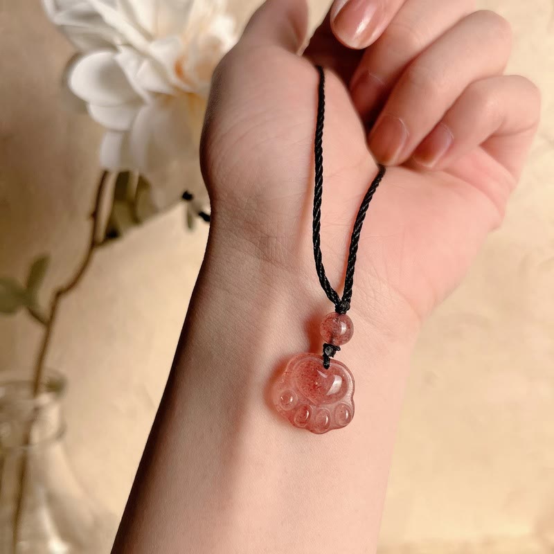 Buddha Stones Strawberry Quartz Lovely Cat Paw Claw Healing Necklace Pendant