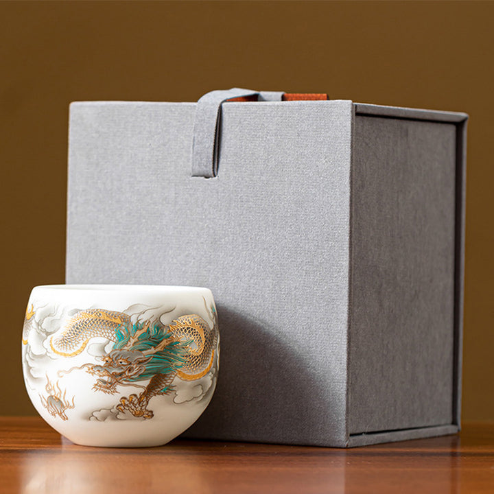 Buddha Stones Dragon Phoenix Auspicious Clouds Ceramic Teacup Kung Fu Tea Cup With Gift Box