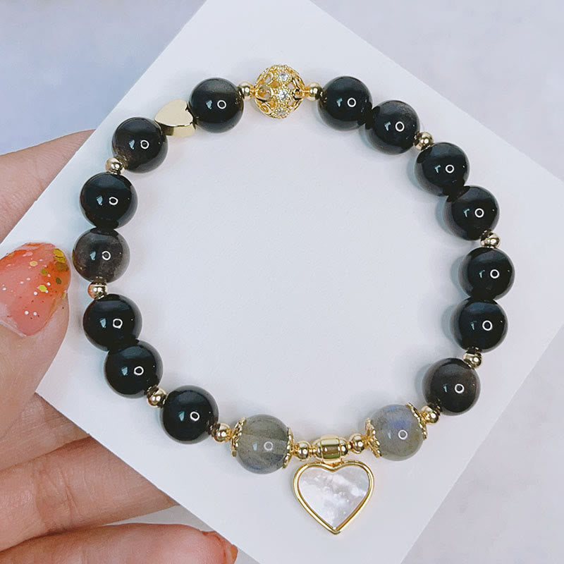 Buddha Stones Natural Silver Sheen Obsidian Love Heart Star Flower Protection Bracelet